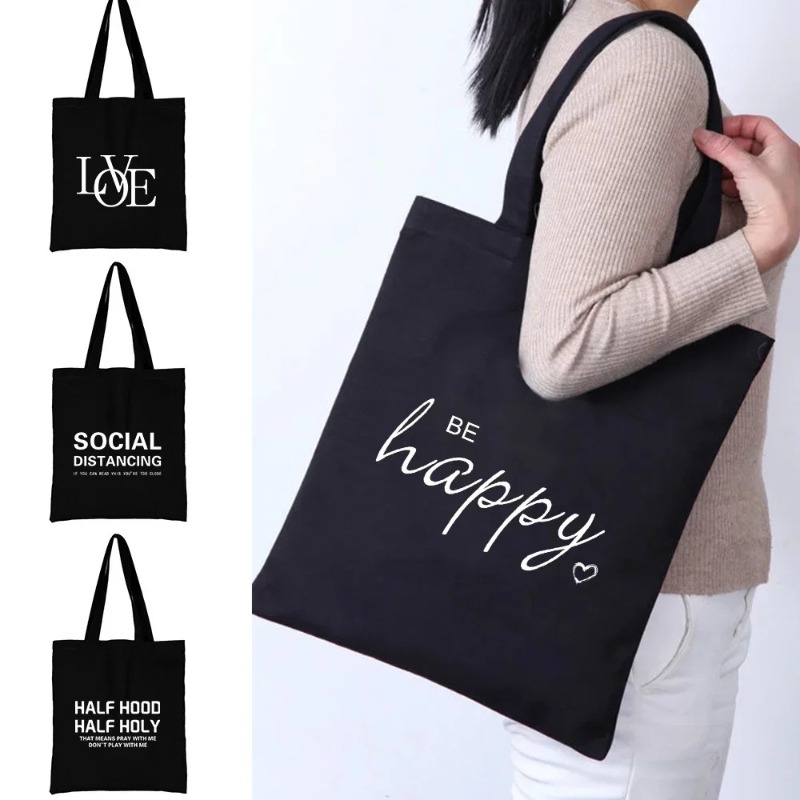 Shopper Tote Canvas - Kawaii Cartoon Orange Cat Print Black