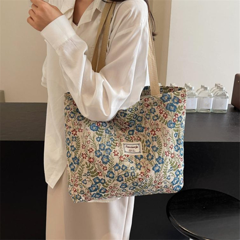 Shopper Tote Canvas - Embroidery Floral Canvas Handbags Delicate Blossom
