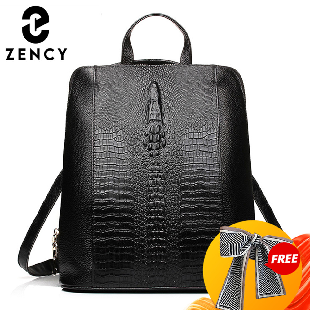 Women Bags With Laptop Compartment - Zency Women's Crocodile Leather Backpack 100%