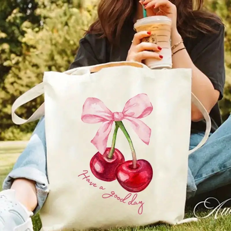 Canvas Tote Bag with Cherry Bo - Shopper Tote Canvas ulasan dan harga