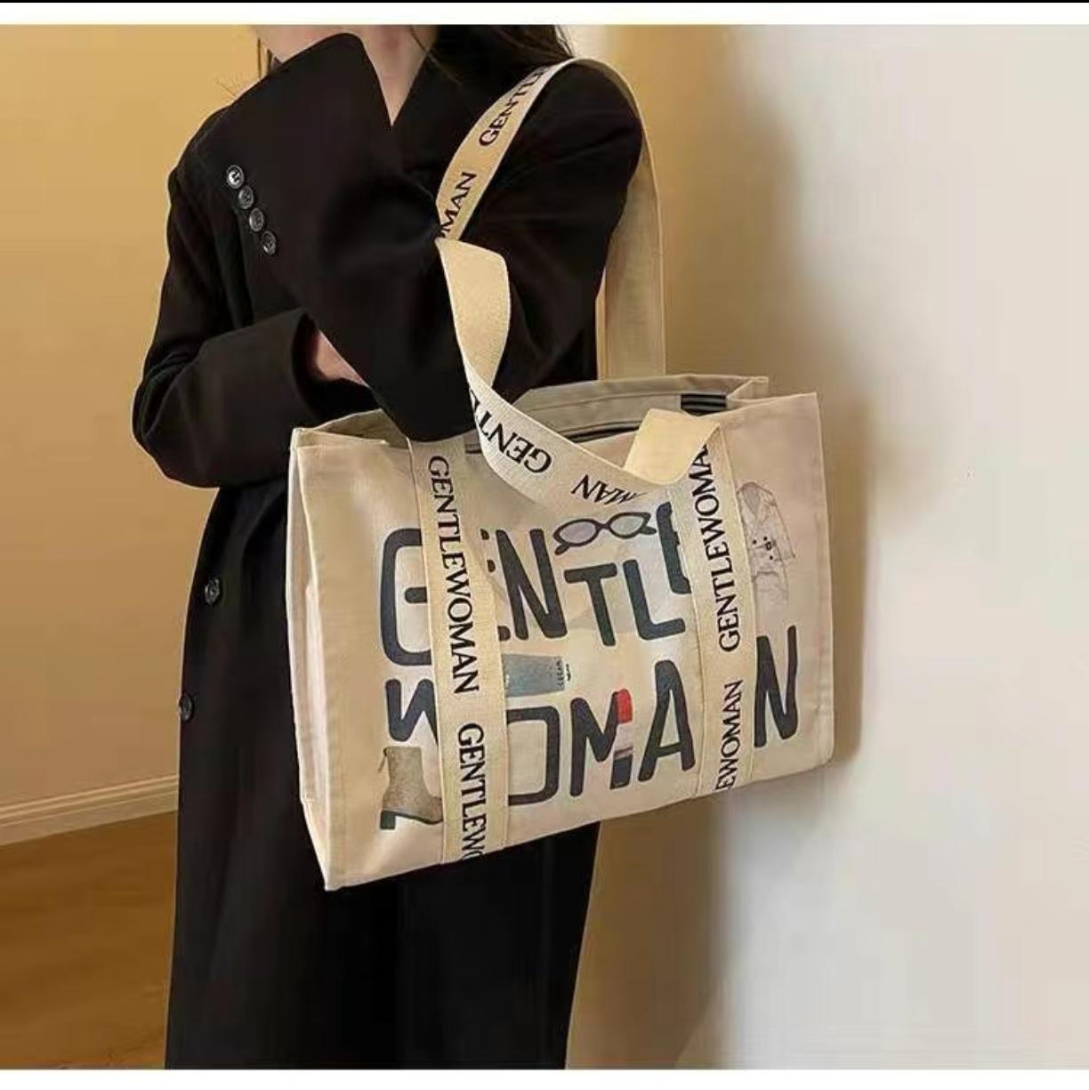Fashion Letter Print Large Can - Shopper Tote Canvas ulasan dan harga