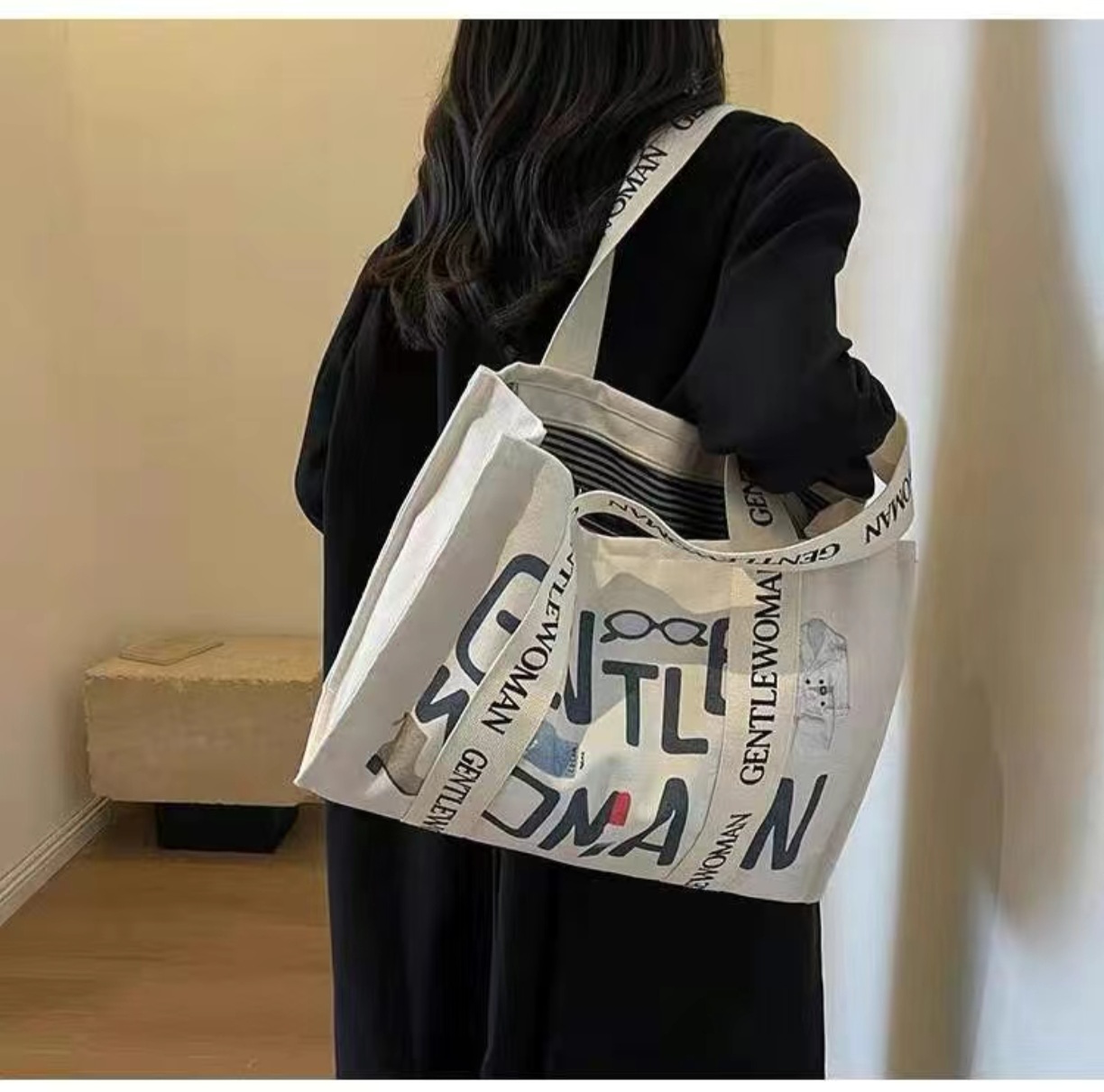 Fashion Letter Print Large Can - Shopper Tote Canvas ulasan dan harga