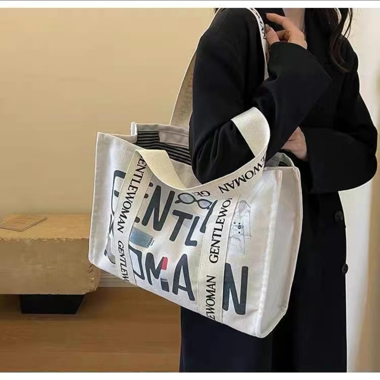 Fashion Letter Print Large Can - Shopper Tote Canvas ulasan dan harga