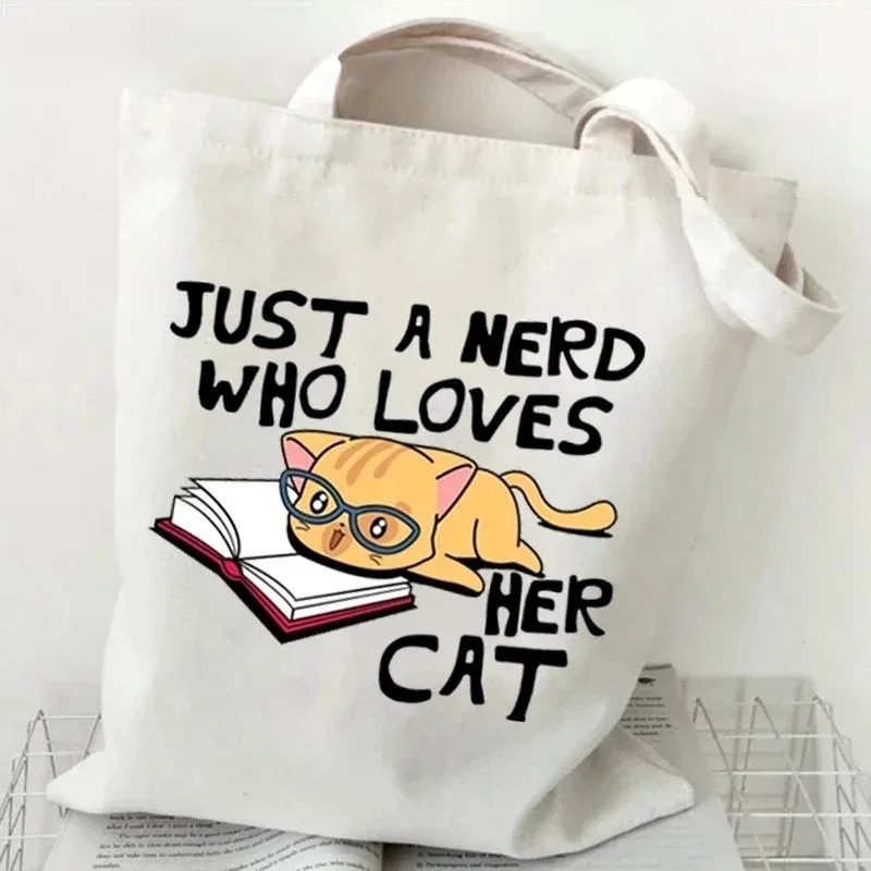 Cat and Book Canvas Handbag La - Shopper Tote Canvas ulasan dan harga