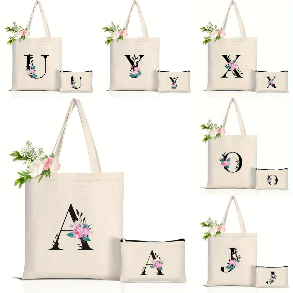 Elegant Floral Alphabet Tote B - Shopper Tote Canvas ulasan dan harga