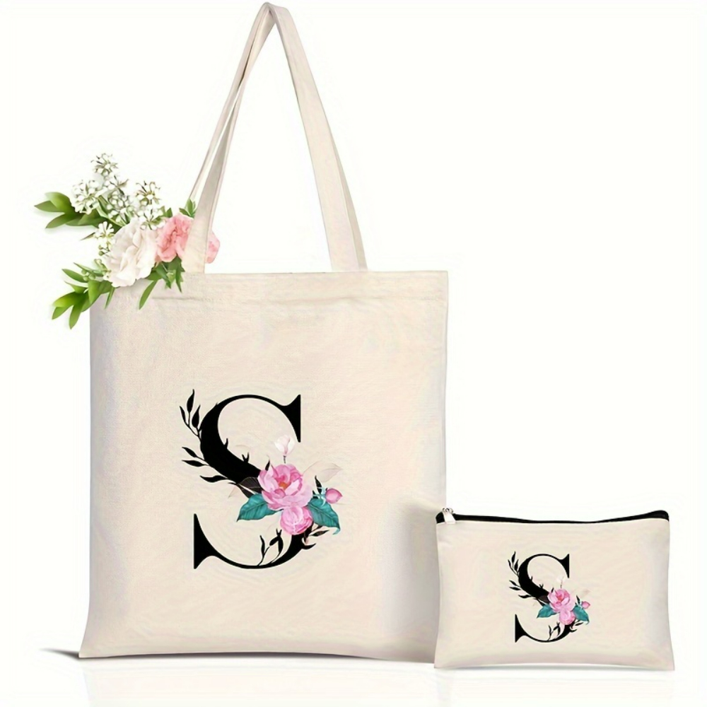 Elegant Floral Alphabet Tote B - Shopper Tote Canvas ulasan dan harga