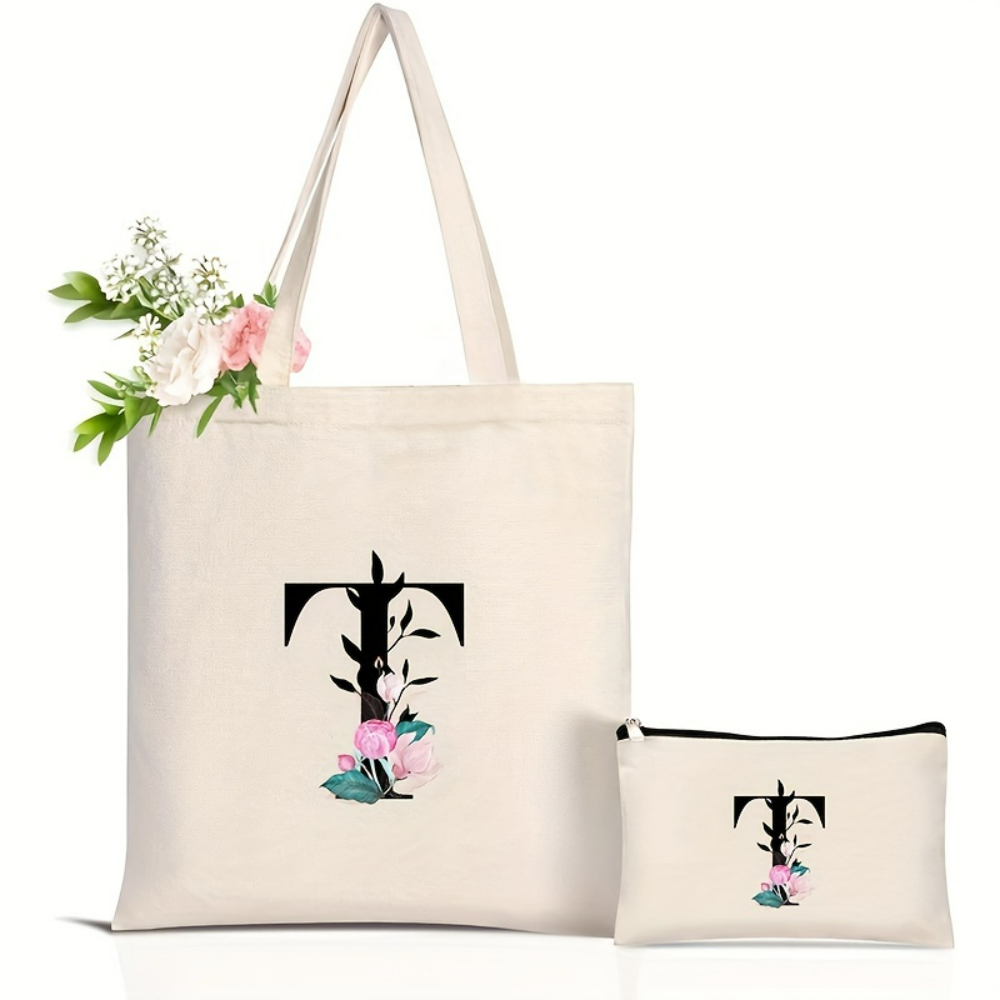 Elegant Floral Alphabet Tote B - Shopper Tote Canvas ulasan dan harga